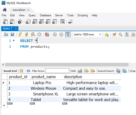 SQL LTRIM() - products table data for examples