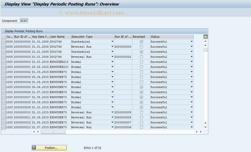 SAP TCode ACACPPLOG - Display Periodic Posting Runs