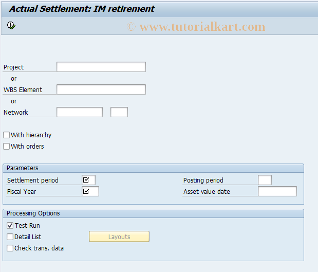 SAP TCode CJ8A -  Actual -setlmt:  Project  retirmt. from IM