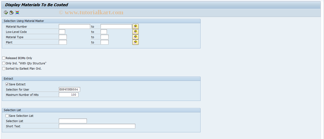 SAP TCode CKAPP01 - Materials To Be Costed