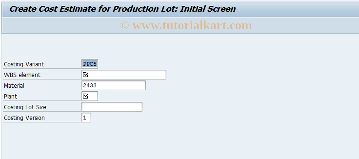 SAP TCode CKW1 - Create Production Lot Cost Estimate 