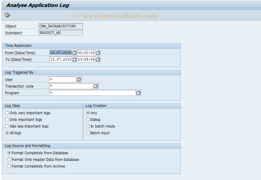 SAP TCode CRM_PRODUCT_LOG - Display Product Verification Log