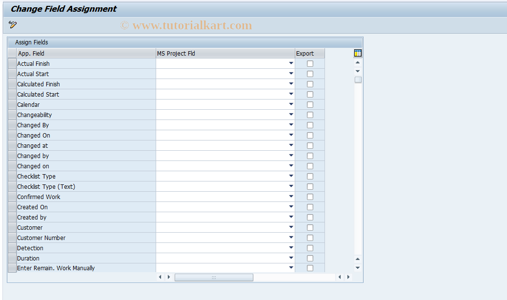 SAP TCode DPR_DWNLD2MSP_CUST - Field Assgmt for MS Project Export