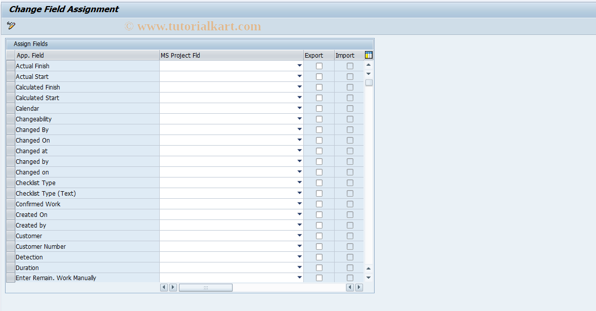 SAP TCode DPR_DWNLD_2_MSP_CUST - Field Assgmt for MS Project Export