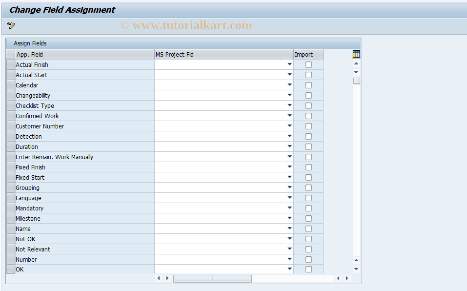 SAP TCode DPR_UPLDFRMSP_CUST - Field Assignmt for MSProject Import