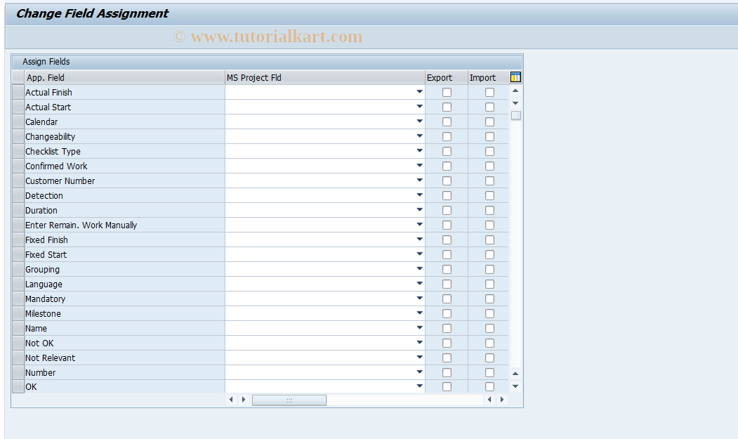 SAP TCode DPR_UPLD_FR_MSP_CUST - Field Assignmt for MSProject Import