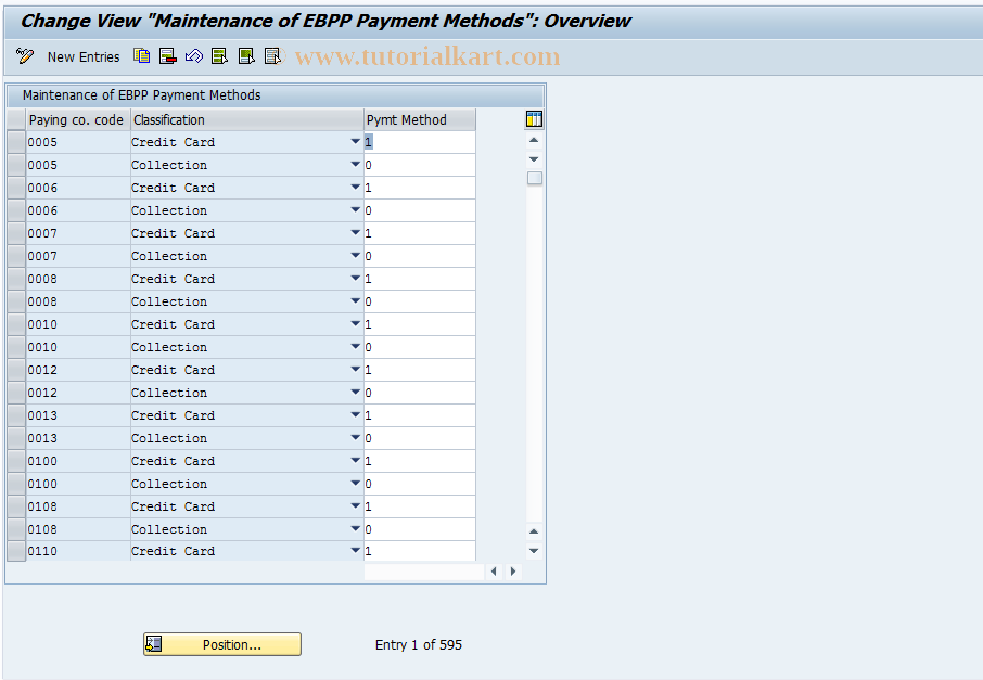 SAP TCode EBPP_AR_T042ZEBPP - EBPP: Maintain EBPP Payment Methods