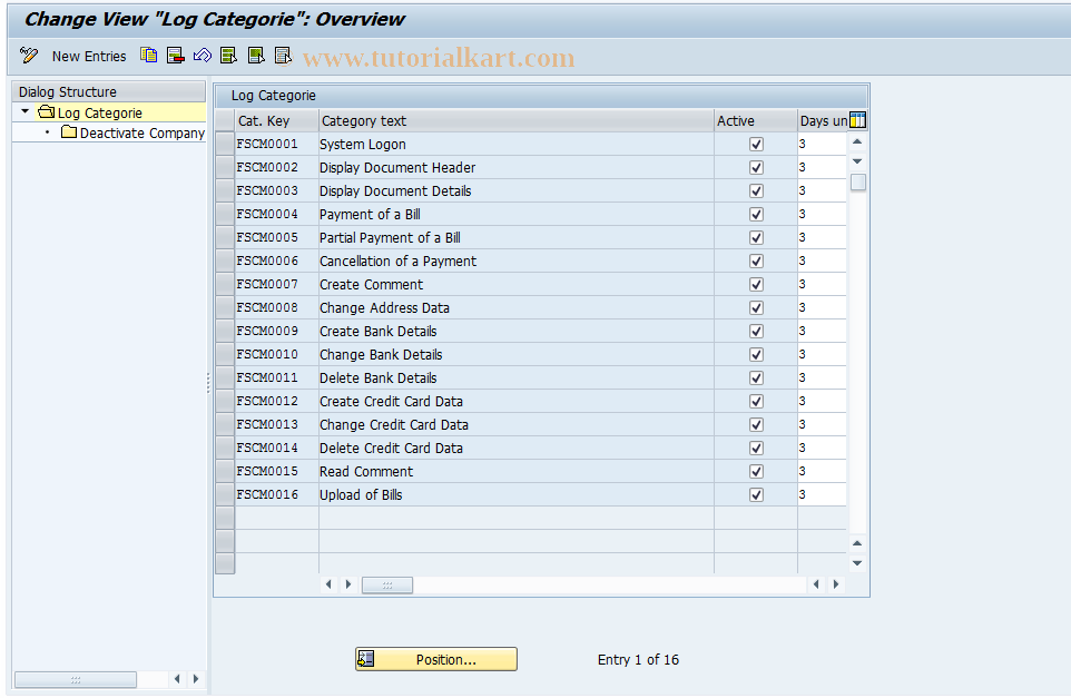 SAP TCode EBPP_LOG_CUST - Customizing for Log Categories