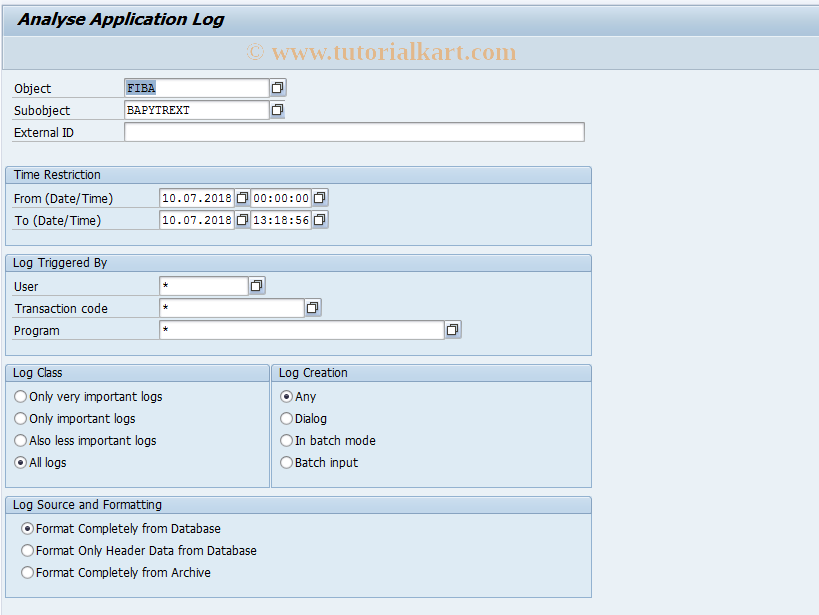 SAP TCode F9J0 - Display Application Log