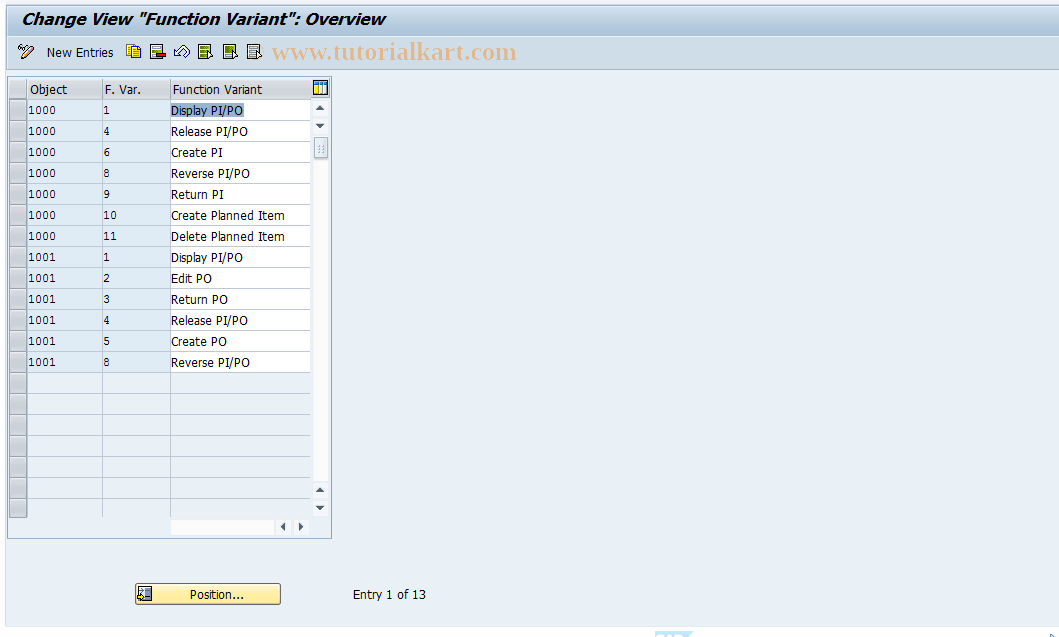 SAP TCode F9M02 - Table: Function Variant Maintenance