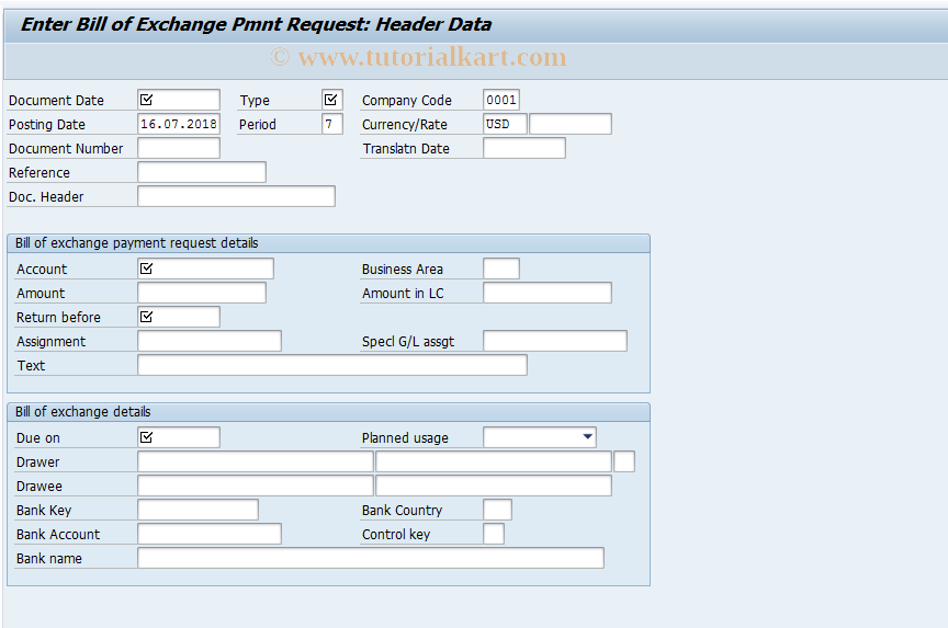 SAP TCode FBW1 - Enter Bill of Exchange Pmnt Request