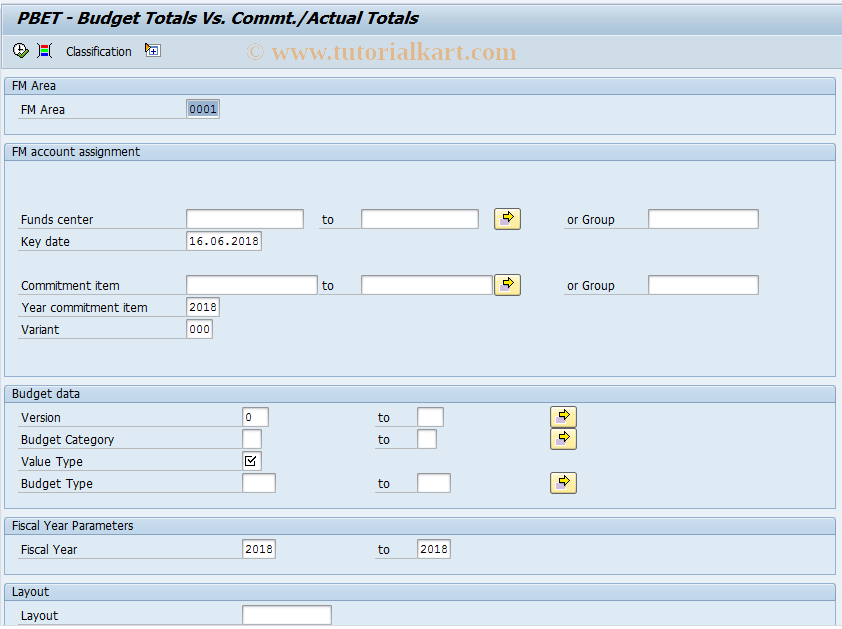 SAP TCode FMB_PT01 - Budget Totals Vs. Commt./Actual Tot.