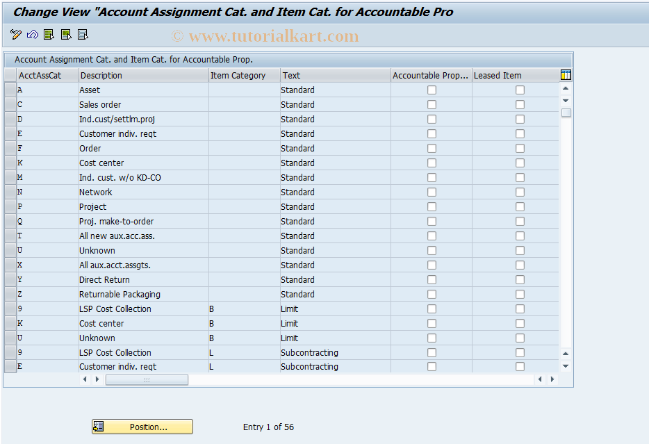 account assignment category in sap transaction code