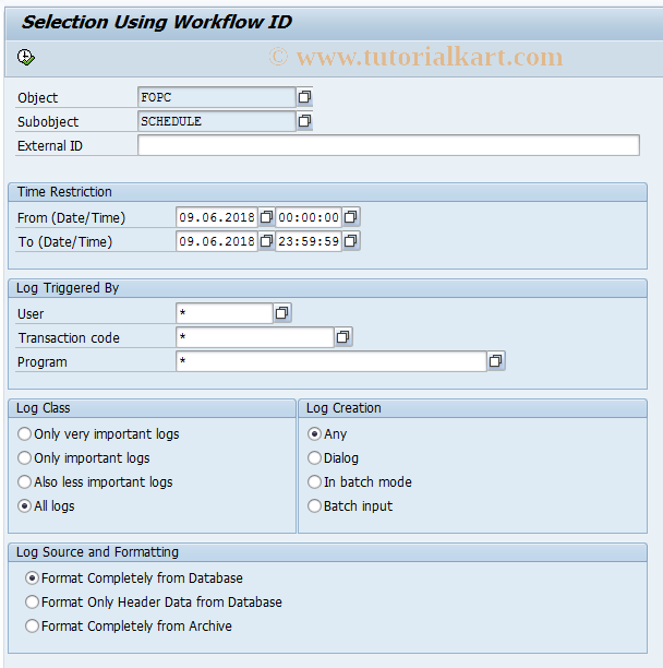 SAP TCode FOPC_WF_SLG1 - Analyze Applicat. Log for Scheduling