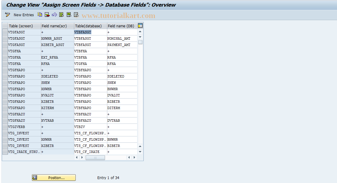 SAP TCode GFTR_C0011 - TR-TM: Screen Field <--> DB Field