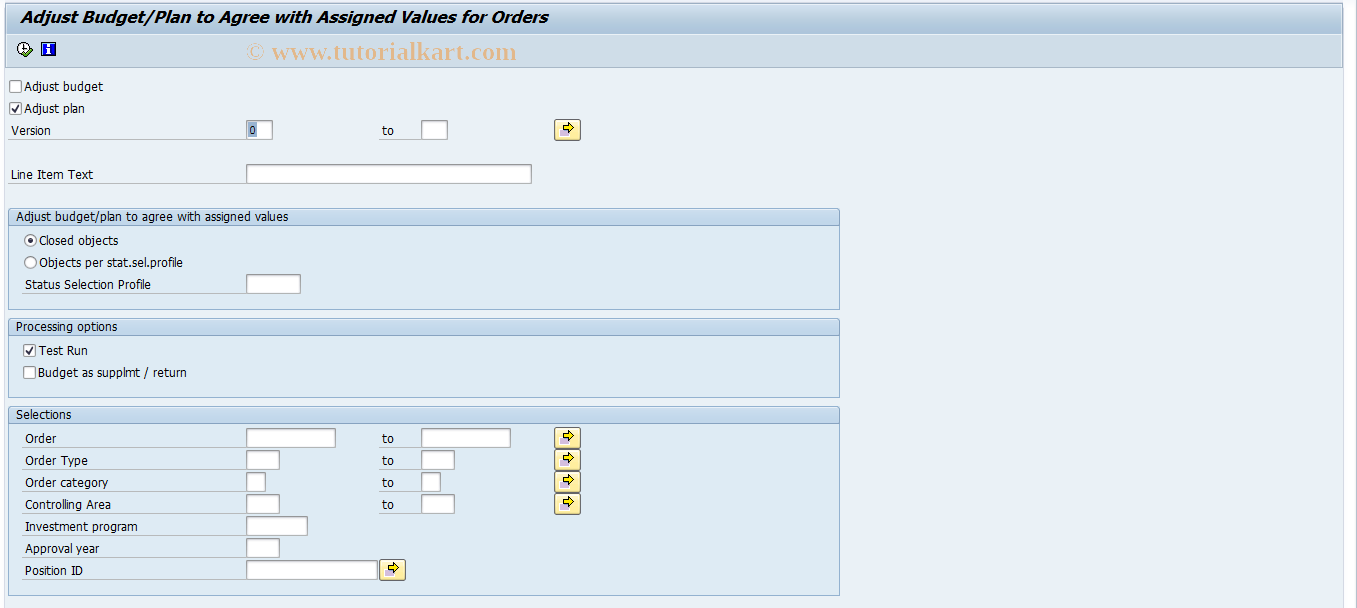 SAP TCode IMPBA4 - Plan/Budget Adjustment (Orders)