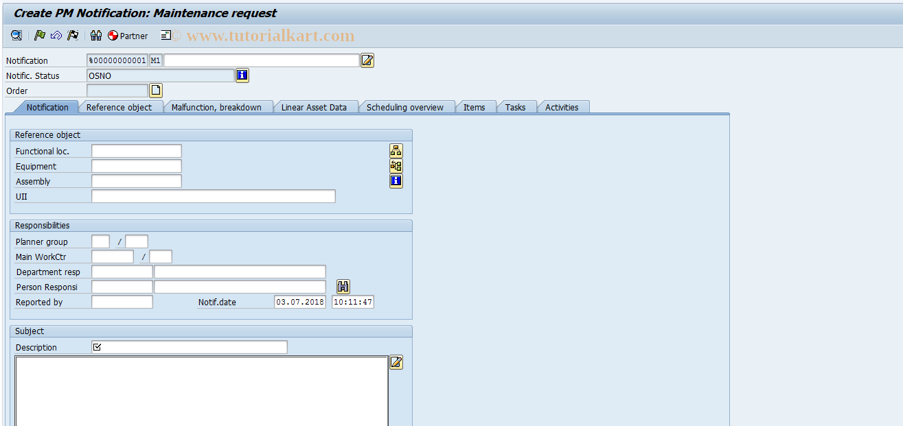 IW26 SAP Tcode Create Maintenance Request Transaction Code