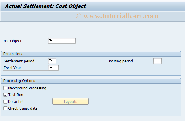 SAP TCode KK88 - Actual Settlement: Cost Objects