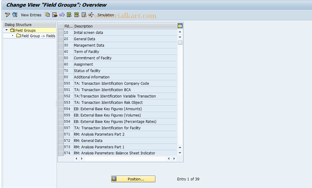 SAP TCode KLFZ0002 - Facilities Control: Field Groups