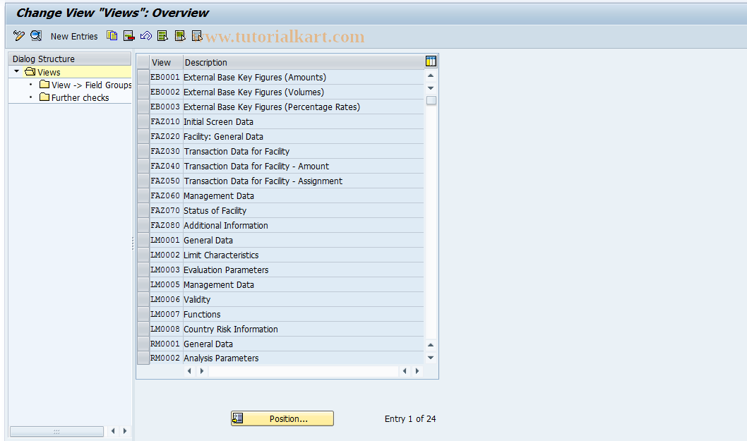 SAP TCode KLFZ0003 - Facilities Control: Views