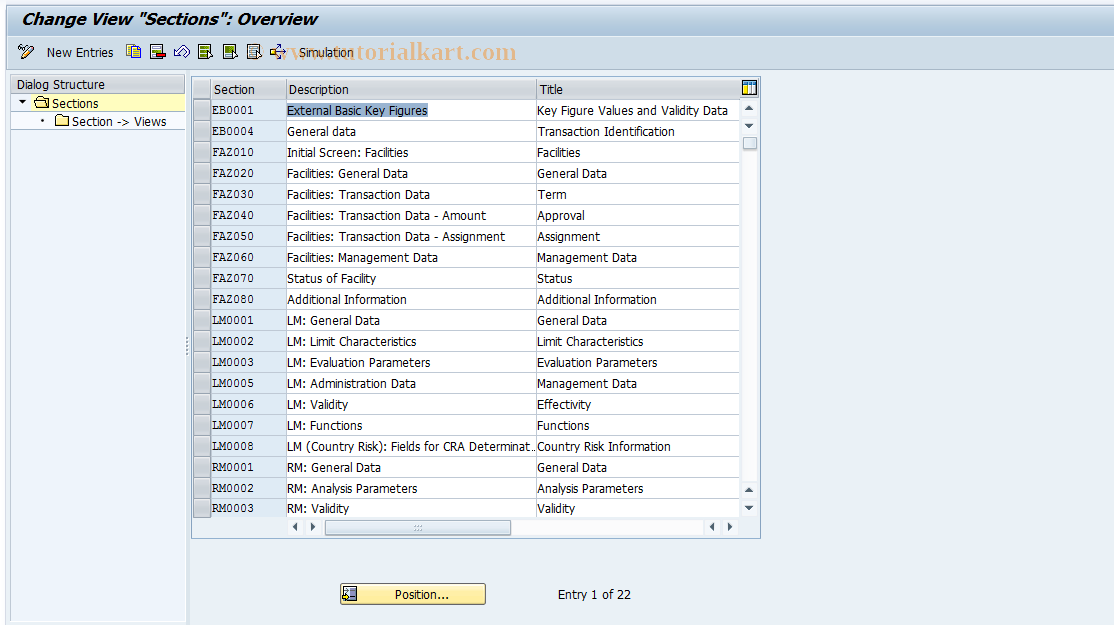 SAP TCode KLFZ0004 - Facilities Control: Sections