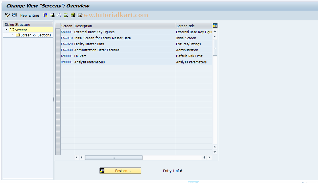 SAP TCode KLFZ0005 - Facilities Control: Screens