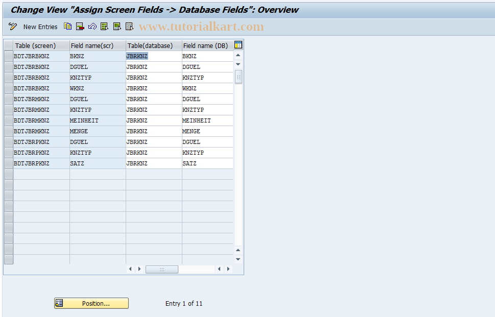 SAP TCode KLFZ0011 - Fac. Cntrl: Assign Scrn fld->DBfield