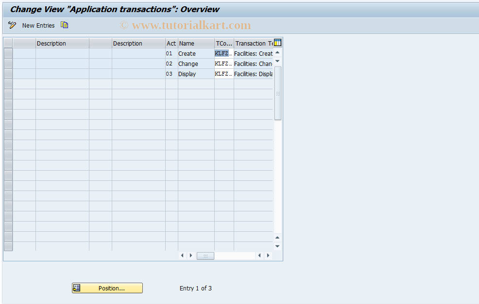 SAP TCode KLFZ0015 - Facilities Ctrl: Application trans.