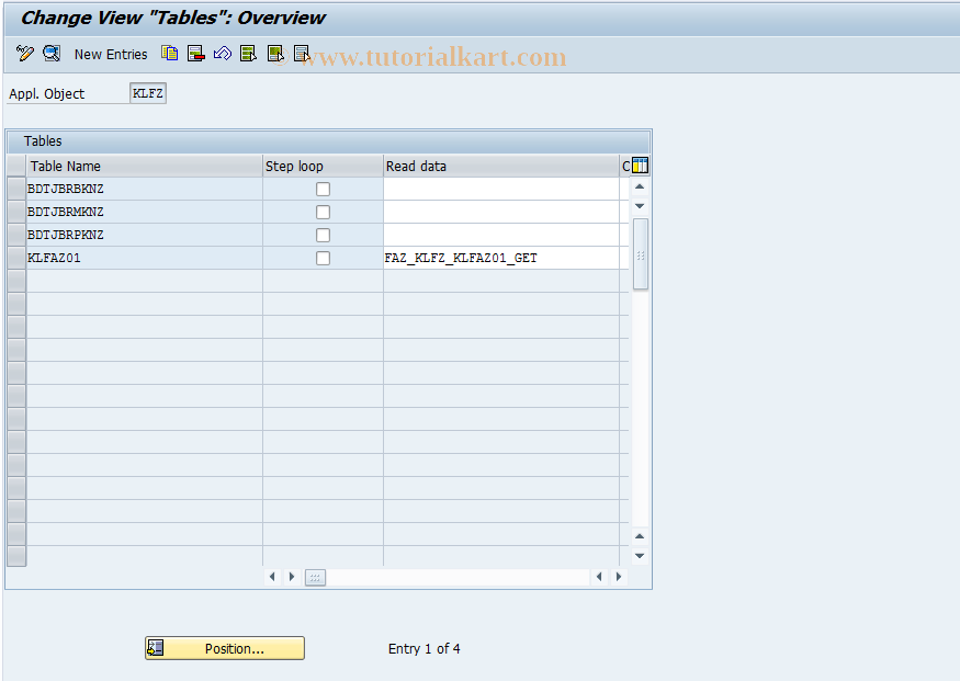 SAP TCode KLFZ0016 - Facilities Control: Tables