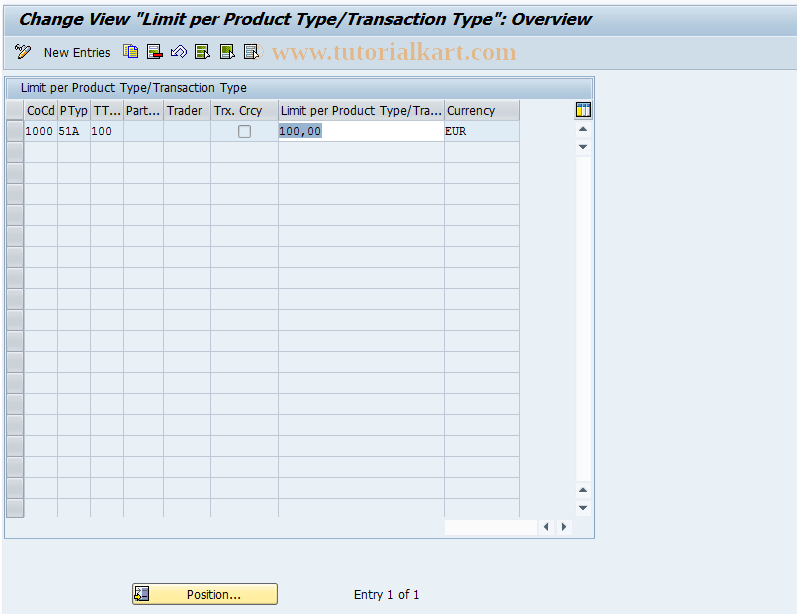 SAP TCode KLMAXLIMIT - Change Limit for Product/ Transaction Type