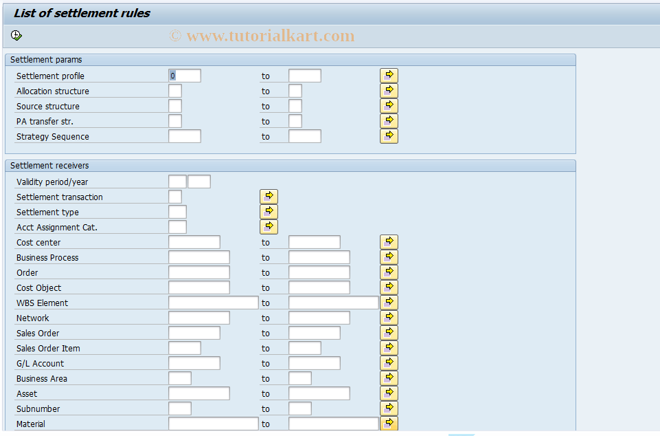 SAP TCode KOSRLIST - Collective Display : Settlement Rules