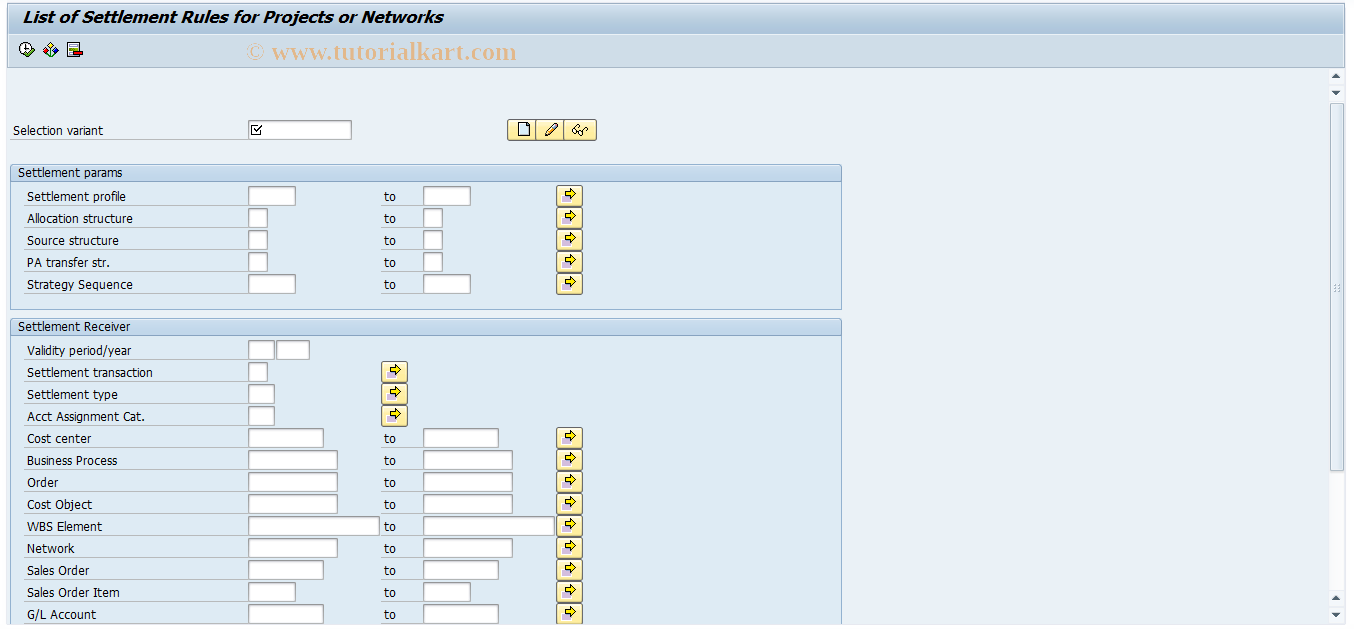 SAP TCode KOSRLIST_PR - Projects/Nets: Collective Display SettRules