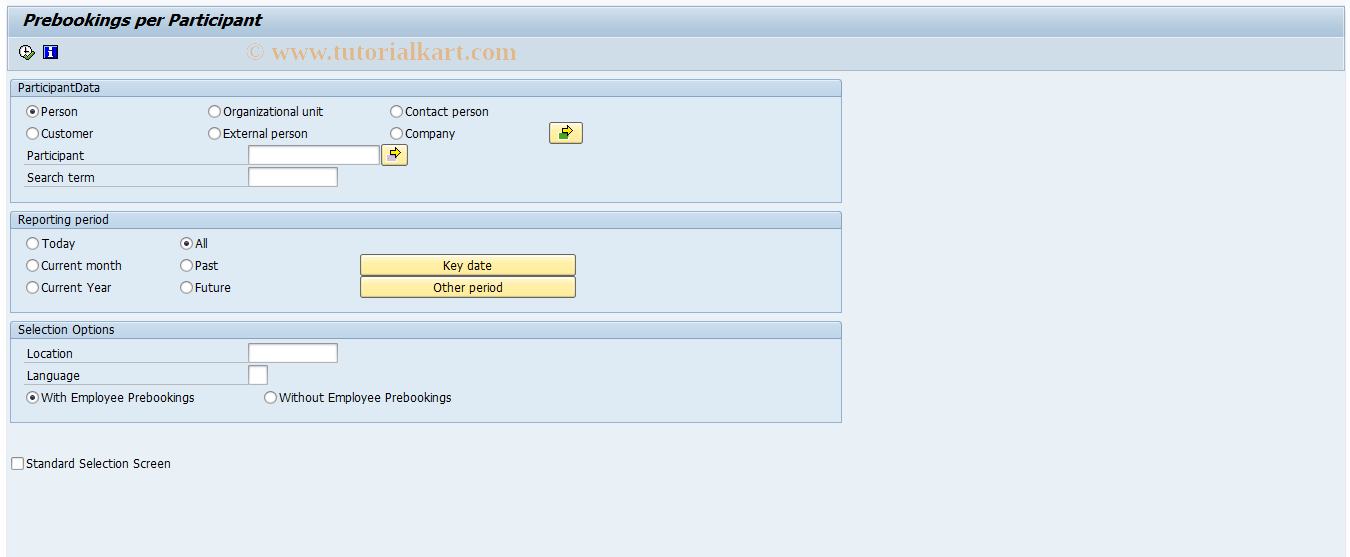 SAP TCode LSO_RHXVORM1 - Prebookings per Participant