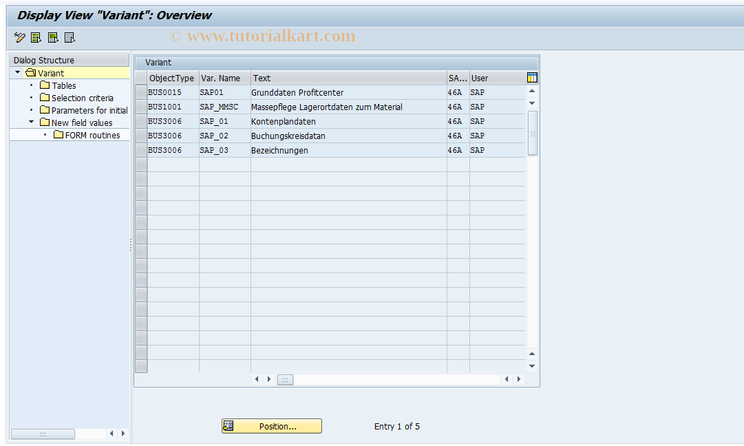 SAP TCode MASSVAR_S - Display System Variants