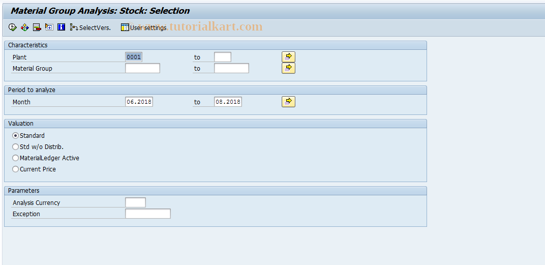 SAP TCode MC.L - INVCO: Mat.Group Analysis Sel. Stock