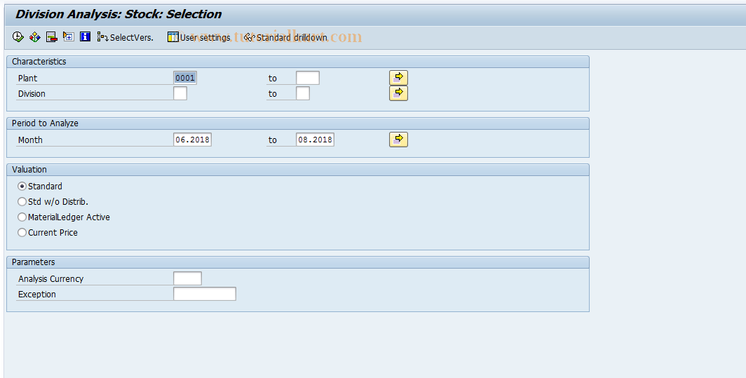 SAP TCode MC.P - INVCO: Division Analysis Sel. Stock