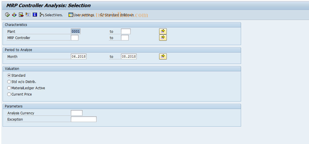 SAP TCode MCBG - INVCO: MRP Cntrlr Analysis Selection