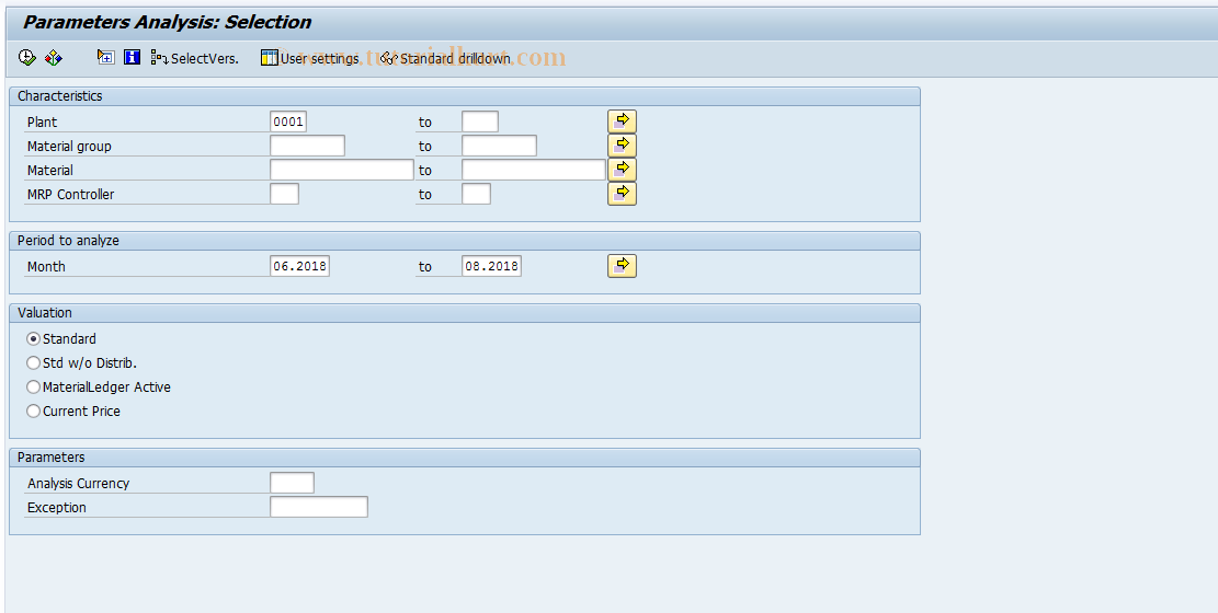 SAP TCode MCBV - INVCO: Parameter Analysis Selection