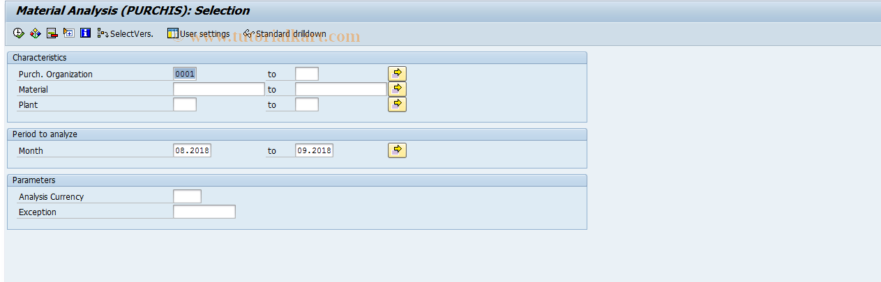 SAP TCode MCE7 - PURCHIS: Material Analysis Selection