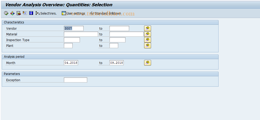 SAP TCode MCVC - QMIS: Vendor Analysis - Qty Overview