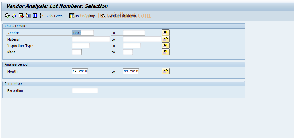 SAP TCode MCVG - QMIS: Vendor Analysis - Lot Numbers