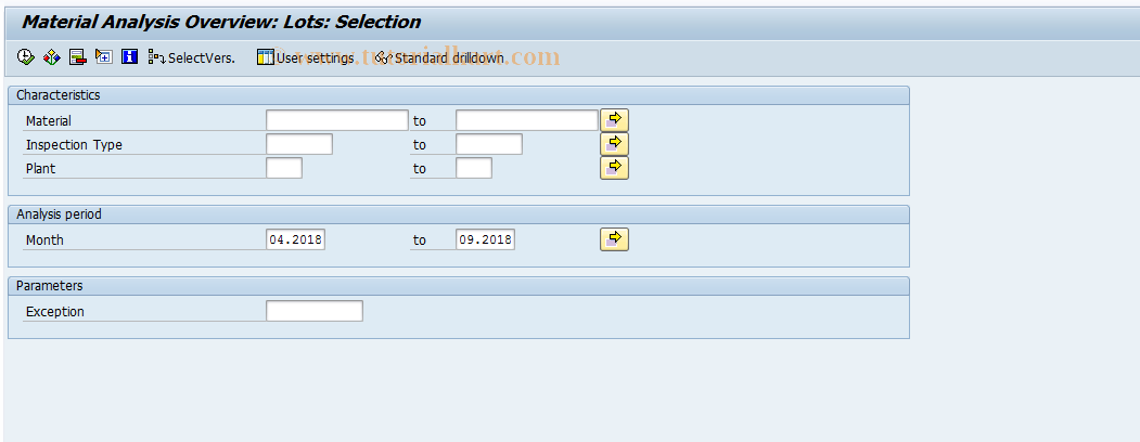 SAP TCode MCXA - QMIS: Material Analysis-Lot Overview