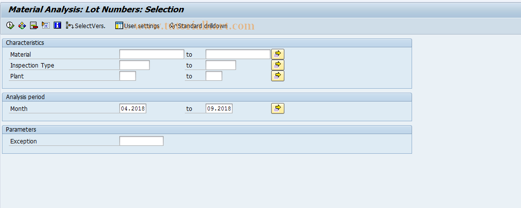 SAP TCode MCXG - QMIS: Matl Analysis - Lot Numbers