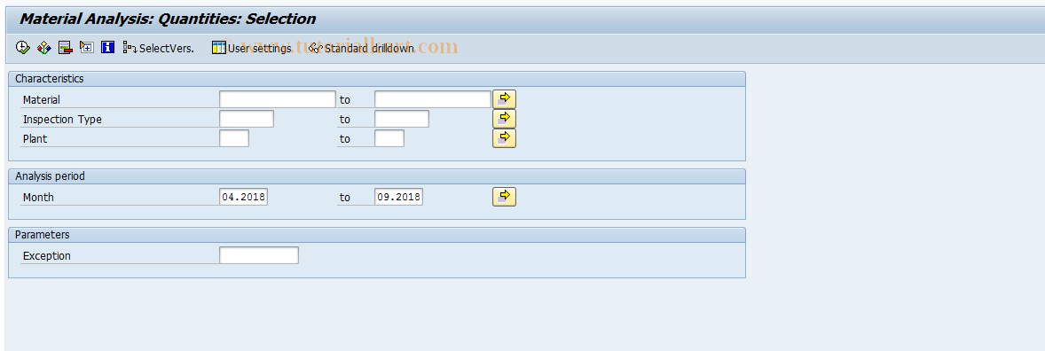 SAP TCode MCXI - QMIS: Material Analysis - Quantities