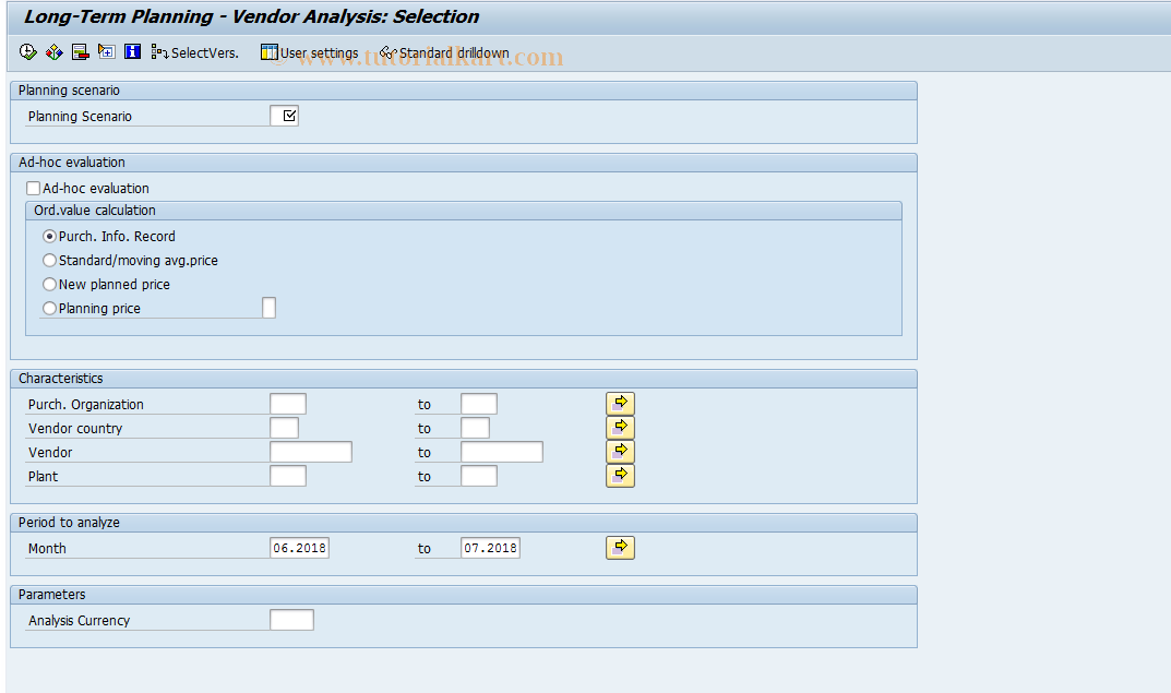 SAP TCode MSE7 - EKS Simulation: Material Selection