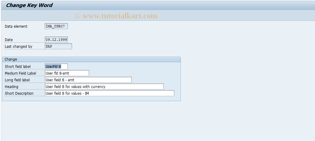 SAP TCode OITM8 - User name for user field 8