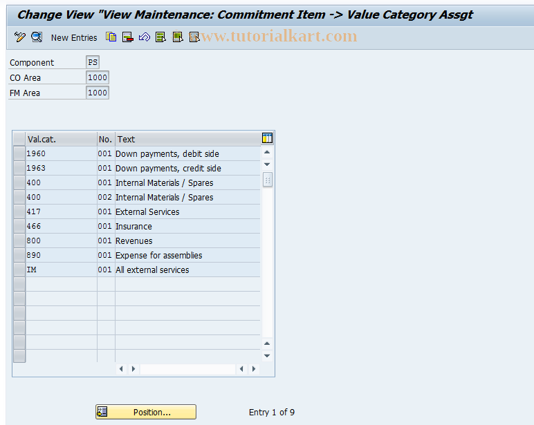 SAP TCode OPI4 - Commitment Item Value Categories