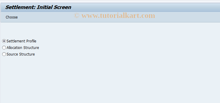 SAP TCode OPKT - Initial Screen: Settlement Structure