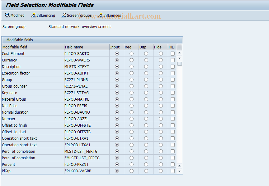 SAP TCode OPN5 - Field Seln: Std Network Overview