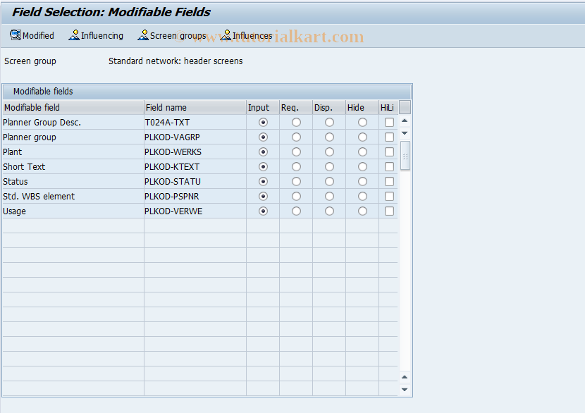 SAP TCode OPN6 - Field Selection Standard Network Hdr